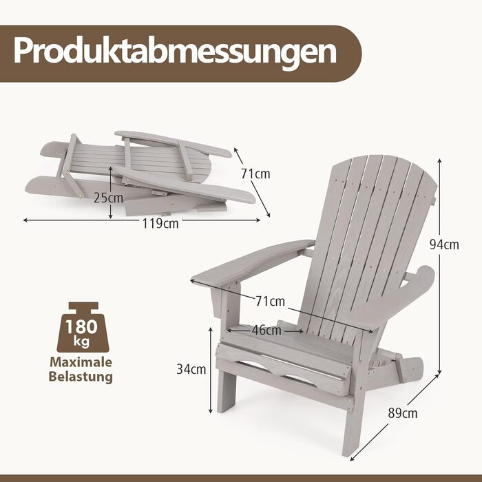 Складане крісло COSTWAY Adirondack, комплект з 2 шт. , дерев&39яне крісло Adirondack, садове крісло з високою спинкою та широкими підлокітниками для саду, патіо, вантажопідйомність 180 кг (сіре) сірого кольору, комплект з 2 шт.