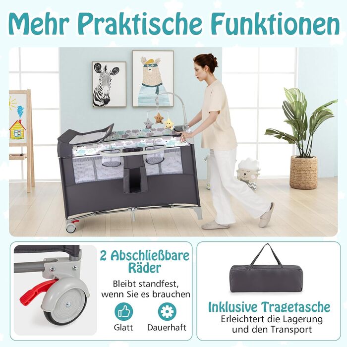 Дитяче ліжечко DREAMADE 120 x 60 см з колесами, дорожнє ліжечко 4 в 1 з матрацом, складне дитяче ліжечко як пеленальний столик та манеж, дорожнє ліжечко для малюків від народження (сіре)
