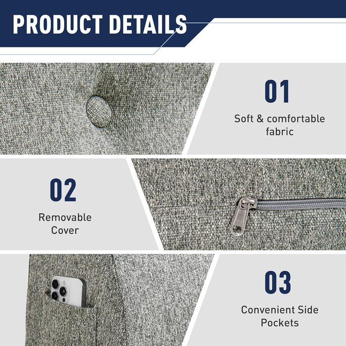 Подушка для читання Daneey для дорослих, подушка для спини дивана, пінопластова клиноподібна подушка для шиї, поперекового відділу хребта, спини, сіра, 50,8 x 22,9 x 55,9 см, поліестер, 20 * 9 * 22 дюйми, сірий