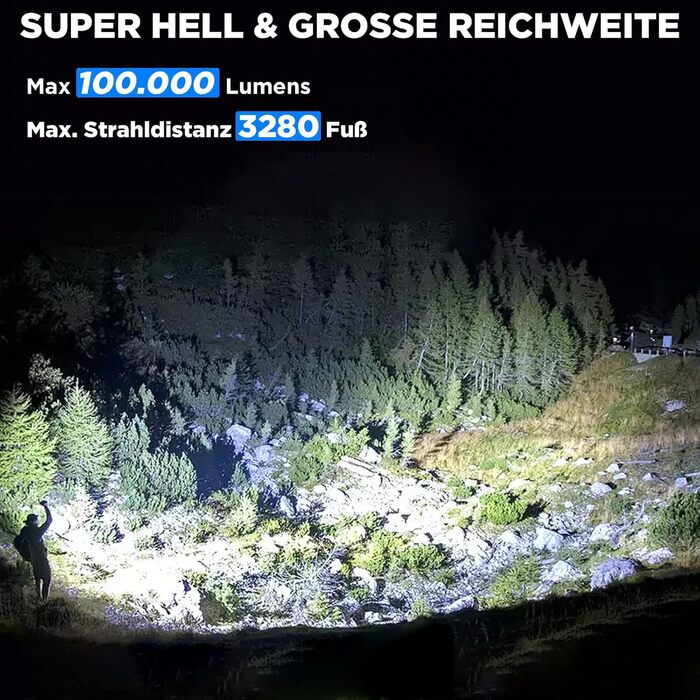 Акумуляторний світлодіодний ліхтарик, 2 шт., надзвичайно яскравий ліхтарик 100 000 люмен із 7 режимами світла та водонепроникністю IPX7, тактичні ліхтарики для кемпінгу, походів, чорний