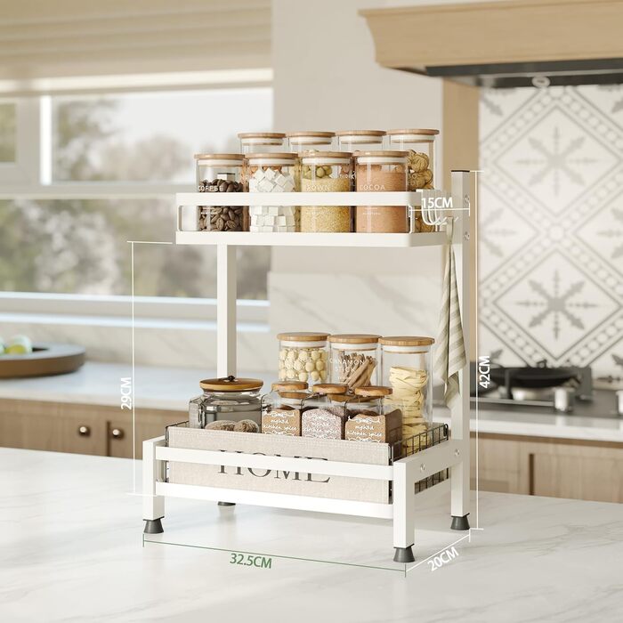 Багатофункціональна підставка для спецій NETEL, стояча, 2 рівні, підставка/тримач для спецій з нержавіючої сталі, органайзер для кухонних полиць на 4 гачки, біла, 2 рівні (базова модель)