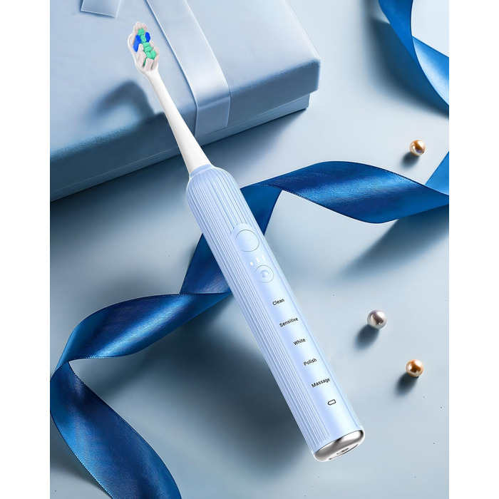 Електрична зубна щітка, звукова зубна щітка для дорослих та дітей, з 5 режимами чищення, 3 рівнями інтенсивності, вбудованим таймером та 8 насадками, дорожній футляр, світло-блакитний, (в упаковці)
