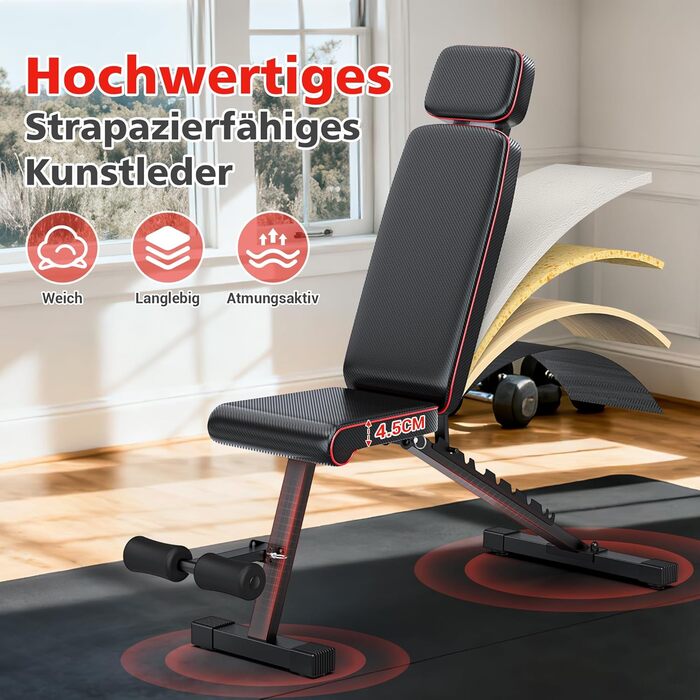 Силова лава XDDIAS, регульована в 10 напрямках тренувальна лава з подовженим підголівником, складна до 360 кг, лава з нахилом, горизонтальною поверхнею та нахилом для домашнього фітнесу, компактна фітнес-лава для невеликих будинків