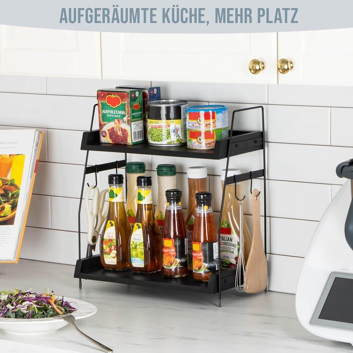 Кухонна полиця PUERSI, 2-рівневий органайзер для кави, дерев&39яний органайзер з гачками, кухонна полиця, підставка для спецій, органайзер для кухонних шаф - чорний