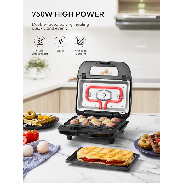 Бутербродниця FOHERE 6 в 1, вафельниця, контактний гриль, паніні, солодкі тістечка, антипригарне покриття для легкого очищення, двостороннє випікання при постійній температурі, без бісфенолу А, 750 Вт