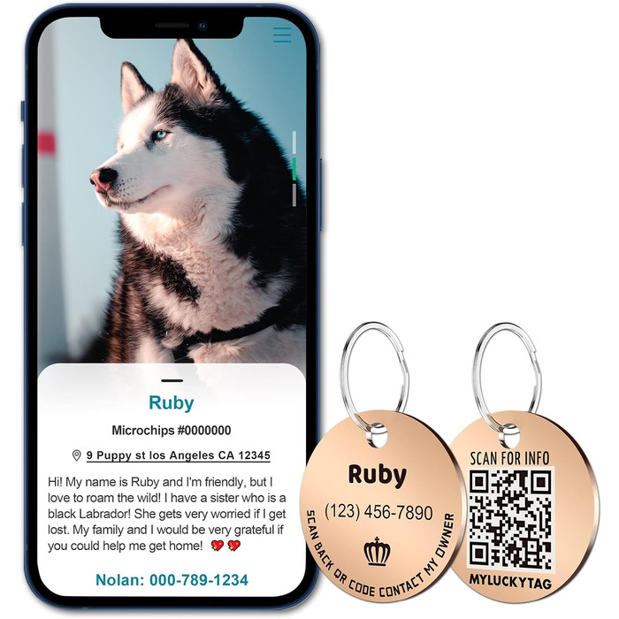 Персоналізовані ідентифікаційні жетони для домашніх тварин MYLUCKYTAG Жетони для собак - Жетони для ідентифікації QR-коду - Онлайн-профіль домашніх тварин - Надсилання сповіщень про місцезнаходження домашніх тварин електронною поштою після сканування
