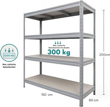 Високоміцний стелаж KARAT 200x150x60 см, оцинкований металевий стелаж широкого прольоту, стелажі для майстерні, полиця для майстерні, безболтовий стелаж, полиця для зберігання (TitanRack Big) 200 x 150 x 60 см, оцинкований
