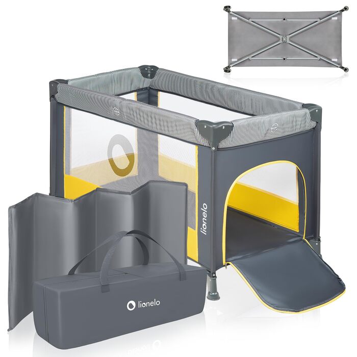 Дитяче ліжечко Lionelo Stefi, Дорожнє ліжечко від народження до 15 кг, Бічний вхід, Система безпеки LockGuard, Блокування коліс, Сумка для перенесення, Складане, Жовте