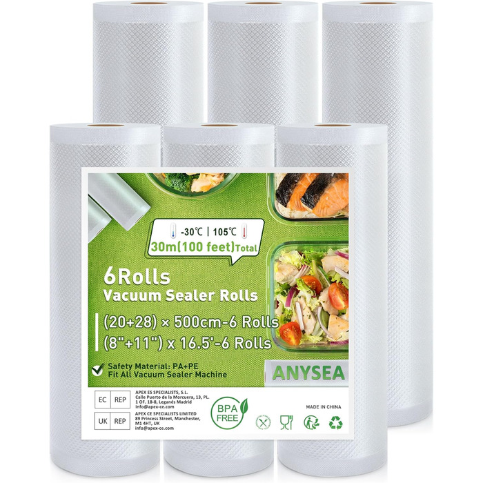 Вакуумні пакувальні пакети Anysea Вакуумна плівка Вакуумні пакети Їжа 6 рулонів вакуумних пакетів без BPA, 20/28500 см, професійна термозбіжна плівка для вакуумного пакувальника та Sous Vide 20*28*500 см 6 рулонів