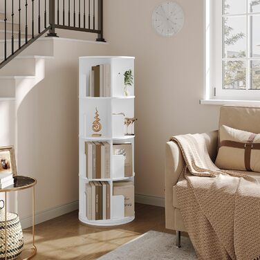 Поворотна книжкова полиця на 360 градусів, 4 яруси, 16 відділень, стояча полиця, поворотна полиця, офісна полиця, декоративна полиця, полиця для зберігання, для вітальні, спальні, офісу, дитячої кімнати, біла, 44xH127,4 см 0044SHG 44 x 127,4 см ( x h) біл