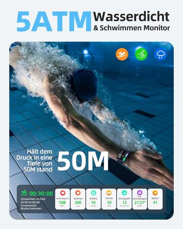 Розумний годинник Parsonver для жінок та чоловіків, водонепроникний плавальний годинник 5ATM, 1,8-дюймовий HD-екран для фітнесу з понад 100 спортивними режимами, відстеженням серцевого ритму та сну, розумний годинник для Android та iOS, чорний