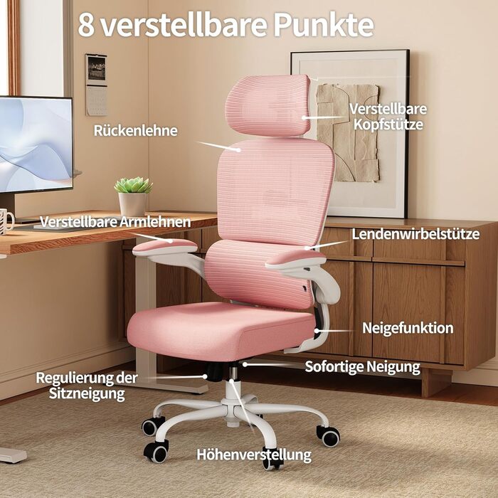 Ергономічне офісне крісло TRALT - Офісне крісло з регульованою поперековою опорою та підголівником, Ігрове крісло - Офісне крісло - Крісло для столу, Крісло для домашнього офісу, Ергономічне, Вага вантажопідйомність 150 кг, для високих людей, Рожеве