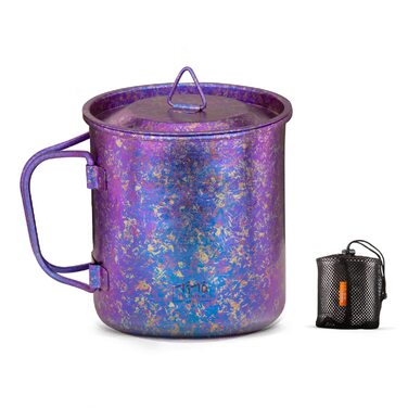 Титанова чашка TiTo, кемпінговий чайник, кава, кухоль для води, надлегкий портативний посуд 450 мл, складна ручка, титановий горщик з кришкою для відпочинку на природі, походів, пікніка, напоїв, відкритий фіолетовий