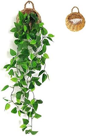 Штучні підвісні рослини з дерев'яним кошиком, 107 см в горщиках для офісу, кухні, саду, вечірки, декору стін (плющ) Ivy01 Wood кол