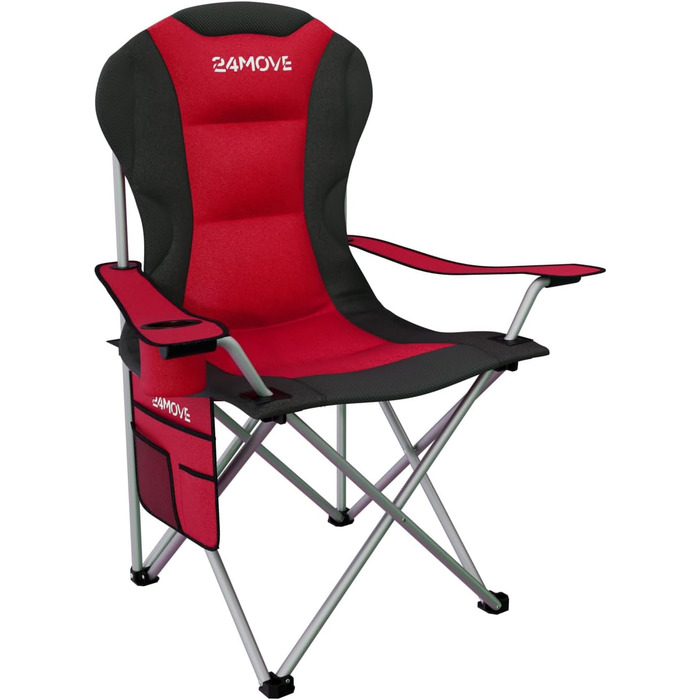 Складаний кемпінговий стілець 24MOVE, вантажопідйомність до 150 кг, складний рибальський стілець, м&39який стілець з підлокітниками, тримач для напоїв кишеня, висока спинка, пляжний стілець, складаний табурет, червоний