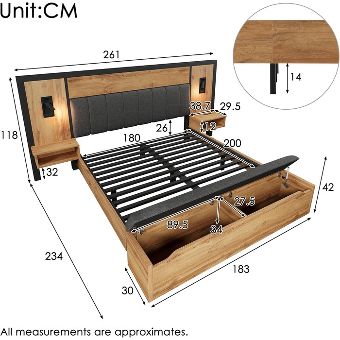 Двоспальне ліжко Kebnor з м&39якою поверхнею, комплект ліжка з лампою для читання та USB-портом, тумбочкою та лавкою для зберігання речей, каркас ліжка з рейковою основою з металу, дерева та льону, дуб (матрац не входить до комплекту) (180200 см) 180200 с