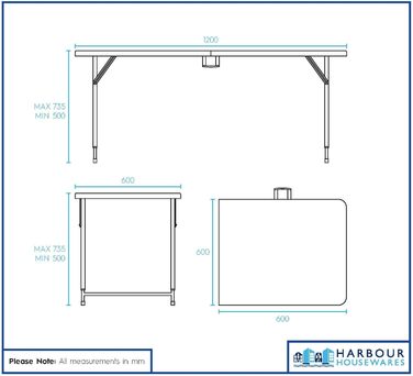 Складаний стіл Harbour Housewares з регульованою висотою та підставкою - 120 см (4 фути) - Чорний - Міцний складний портативний пластиковий меблі для саду, кемпінгу, пікніка та їдальні