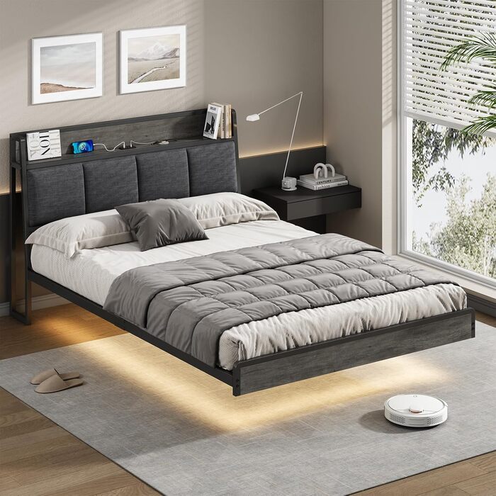 Ліжко 140 x 200, ліжко зі світлодіодним підсвічуванням, м&39яке ліжко 140 x 200, візуальний ефект плаваючого дизайну, зарядна станція, каркас ліжка з рейковою основою, для спальні, гостьової кімнати, лляна тканина сірого кольору 140 x 200 см сірого кольор