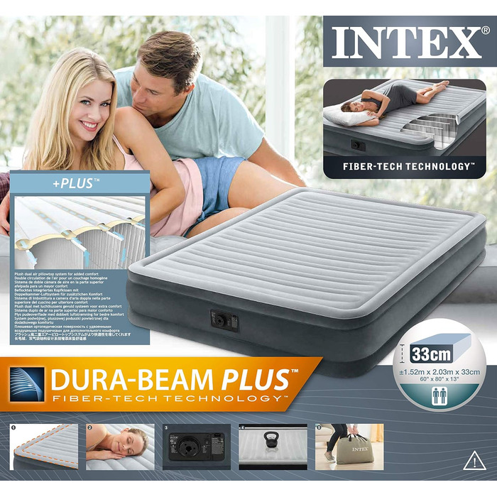 Надувне ліжко Intex 67770 Comfort Plush Mid Queen, 230 В включаючи вбудований повітряний насос, 152 х 203 х 33 см, різнокольорове