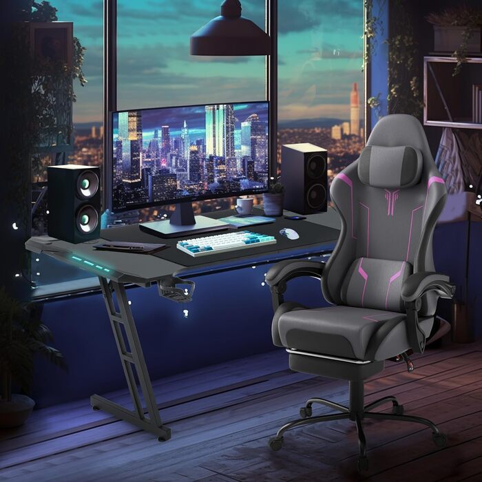 Ергономічне ігрове крісло UISEBRT з масажем та підставкою для ніг, зручне ігрове крісло, регульована спинка, підголівник та масажна поперекова подушка - сірий, чорний та фіолетовий