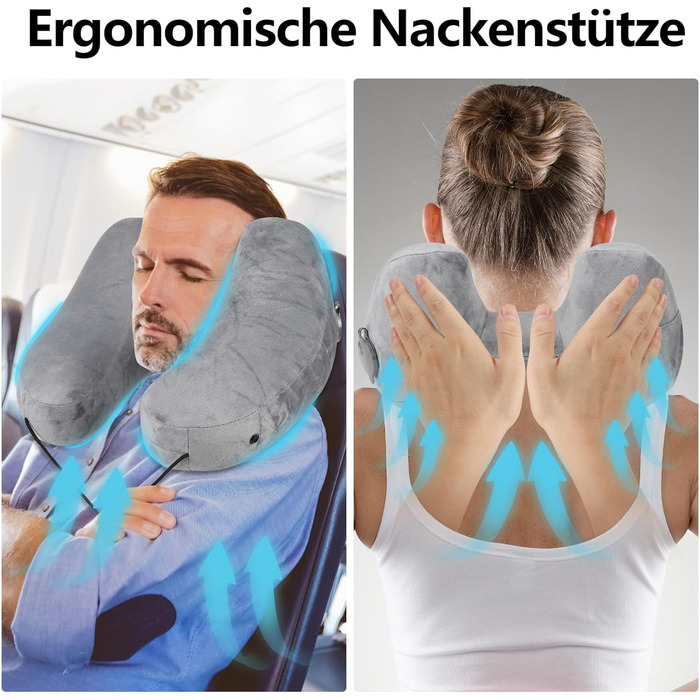 Надувна подушка для шиї Czemo Travel Pillow Airplane, Quick Inflatable Neck Pillow Airplane, Neck Pillow H Shaped Everlasting Comfort, дорожня подушка для подорожей в автомобілі, літаку, поїзді, сірий