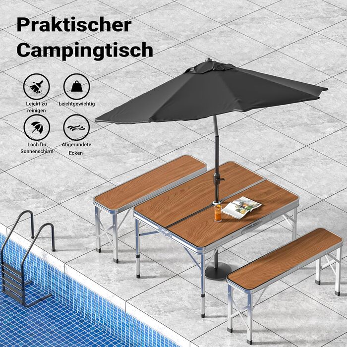 Стіл-валіза Wiltec з 2 лавками, дерев&39яний дизайн, алюміній, 90x66x70 см, розкладний кемпінговий стіл, група сидінь, кемпінгові меблі, вуличний кемпінговий стіл, складаний, 90 x 66 x 70 см