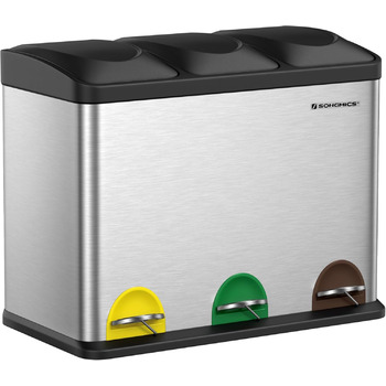 Відро для сміття кухонне, система розділення відходів 3 відділення, відро для сміття, металеве педальне відро на 45 л, 3 х 15 л, п