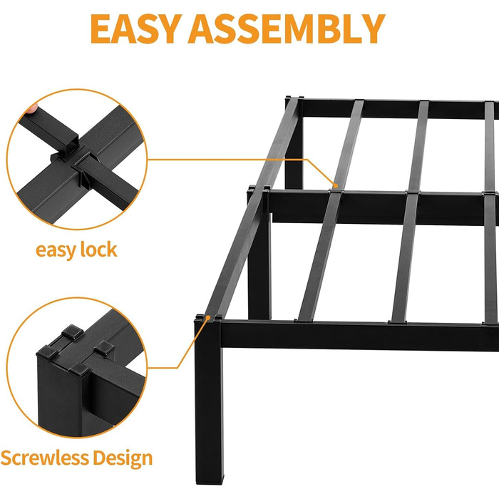 Каркас ліжка, що збирається без інструментів, 90 x 200 см з рейковою основою, міцний металевий каркас, пружинний матрац не потрібен, безшумне, односпальне ліжко, чорний колір