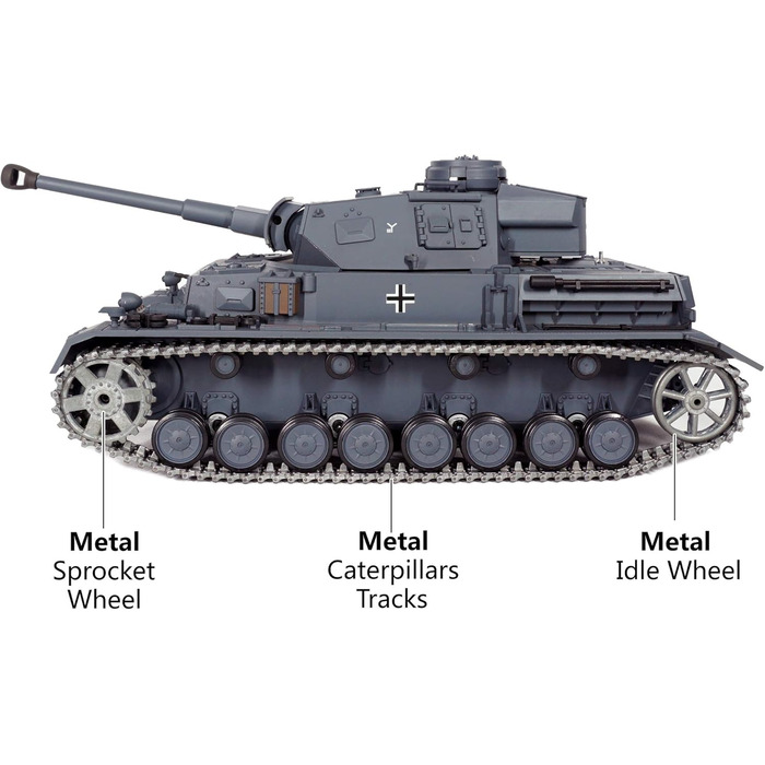 Модель німецького танка Panzerkampfwagen IV, масштаб 1/16, радіокерування 2,4 ГГц (Модифікована версія TK6.0) поворотна вежа на 360 градусів, сталеві шестерні, акумулятор NiMH 3800 mAh, металеві гусениці, зірочки та напрямні колеса.