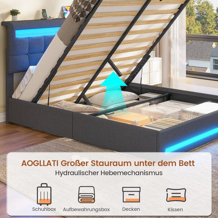 М&39яке ліжко AOGLLATI 140 x 200 зі світлодіодним освітленням та зарядною станцією, каркас ліжка з регульованим по висоті узголів&39ям та місцем для зберігання, гідравлічне ліжко 140 x 200 см, рейкова основа, льон, без матраца, темно-сірий 140 x 200 см те