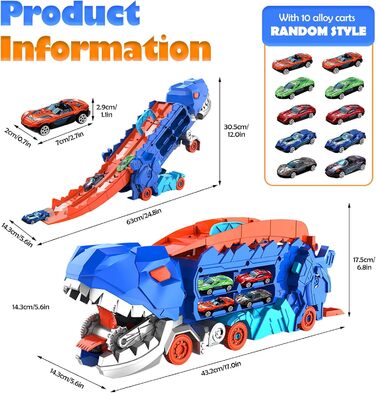 Транспортна вантажівка іграшкові машини з 10 гоночними автомобілями, портативний динозавр вантажівка іграшковий автомобіль, для хлопчиків у віці 3, 4, 5, 6 років діти хлопчики подарунок вантажівка динозавр