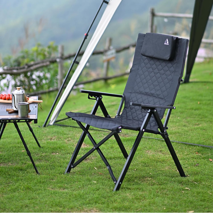 Складаний кемпінговий стілець, висока спинка, регульована спинка в 4 положеннях, до 150 кг, садовий стілець з тримачем для напоїв та бічною кишенею, рибальський стілець, вуличний стілець для кемпінгу, саду, балкону (чорний)