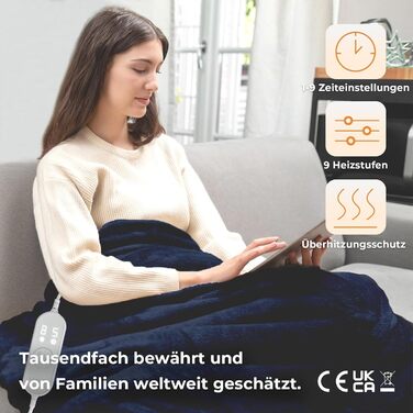 Фланелева ковдра з підігрівом CELESTA з автоматичним вимкненням, 180 x 130 см, 9 налаштувань температури, таймер 1-9 годин, автоматичне вимкнення, ковдра з підігрівом, можна прати в пральній машині - для дивана, ліжка та офісу, темно-синій, темно-синя фла