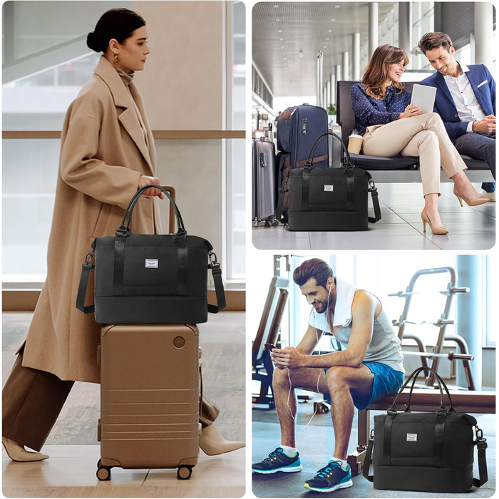 Дорожня сумка TANTOMI Ручна поклажа, Жіноча спортивна сумка, 46x23x32 см, Сумка для ручної поклажі, Сумка на вихідні, Водонепроникна дорожня сумка, Сумка для тренувань, Сумка для лікарні, Сумка для народження, Підходить для відпочинку, Кемпінгу, Чорна 1-2