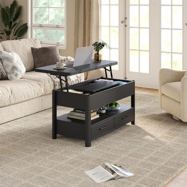 Регульований по висоті журнальний столик з шухлядами та потайним відділенням, стіл для вітальні, що трансформується в обідній стіл, чорний