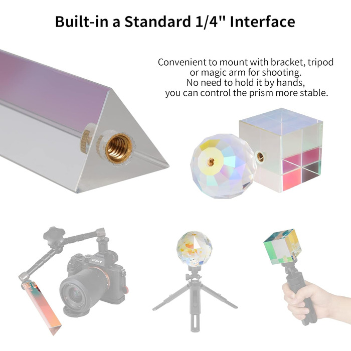 Частини призми для фотографічного покриття мембранного кристала з різьбовим отвором 1/4', професійна оптична кришталева скляна призма, створює ефект легкої веселки для фотографів студійної фотозйомки, 3