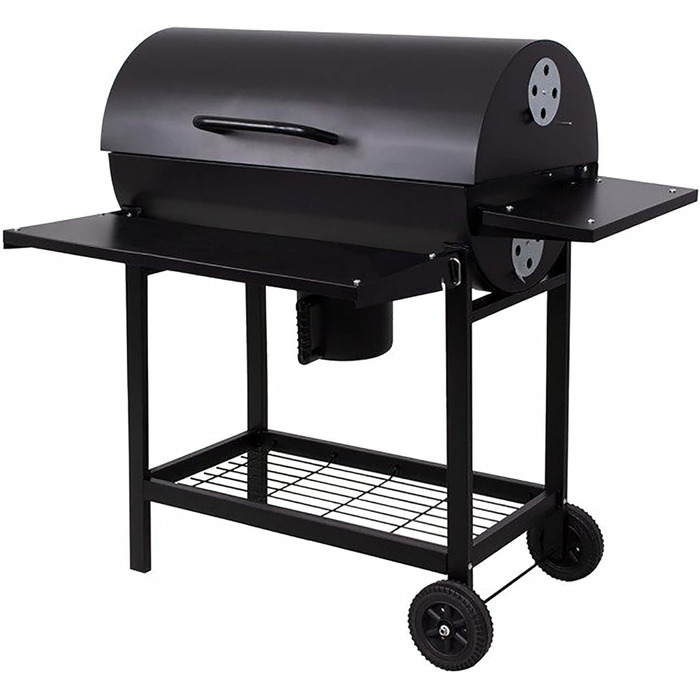 Гриль-візок XXL 103x110x59 см. Вугільний гриль з металевим корпусом та кришкою, решіткою для грилю, 2 колесами, полицею для зберігання, попільницею та регульованою системою вентиляції.