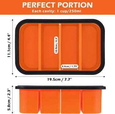Контейнер для заморожування супу Webake Силіконовий надзвичайно великий контейнер для заморожування з кришкою на 4 ідеальні порції 250 мл Контейнер для зберігання їжі ука для супу, бульйону, соусу, кубиків льоду, апельсин