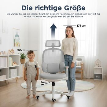 Ергономічне дитяче крісло, Стілець для роботи, Навчальне крісло, 3D поперекова підтримка, Регулювання сидіння, 2D підголівник, Регулювання висоти, Коліщатка з поліуретанової гуми, Для дітей зростом до 175 см, Сірий, 6.3