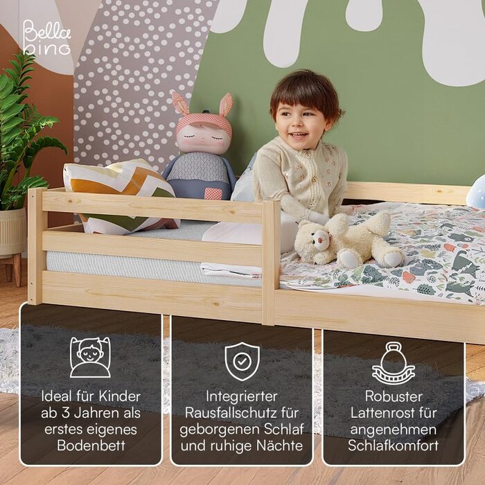 Ліжко Bellabino Iskri на підлозі 90x200 см Дитяче ліжко Монтессорі із захистом від падіння та рейковою основою Дерев&39яне ліжко для хлопчиків та дівчаток з масиву сосни натурального кольору Дитяче ліжко натурального кольору 90x200 см без матраца