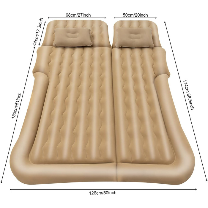 Надувний матрац для автомобіля, позашляховик, надувне ліжко, надувне ліжко для кемпінгу, комбіноване портативне ліжко, знімний надувний матрац для подорожей, кемпінгу, активного відпочинку на свіжому повітрі, з 2 подушками та надувним насосом (бежевий)