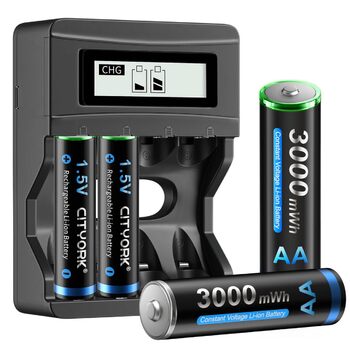 Акумуляторні літій-іонні батареї CITYORK AA, 4 акумуляторні батареї 1,5 В AA ємністю 3000 мВтгод, з 4-слотовим РК-дисплеєм Smart Charger, зарядний пристрій Micro USB, функція швидкої зарядки для автомобіля