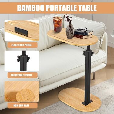 С-подібний приставний столик, столик для дивана, приставний столик до дивана, регульована висота, обертається на 360, маленький приставний столик 40 x 22 см, бамбукові приставні столики, маленький журнальний столик з відділенням для телефону/планшета