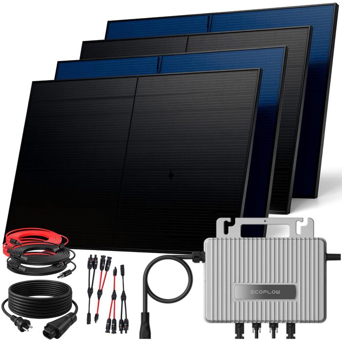 Балконна електростанція SUNNIVA 2000 Вт ДВОХФАЗІАЛЬНА FULLBLACK з інвертором Ecoflow 800 Вт, фотоелектричною сонячною системою, 4 сонячними модулями зі скла по 500 Вт, включаючи кабель 5 м, Bluetooth WIFI, повний комплект