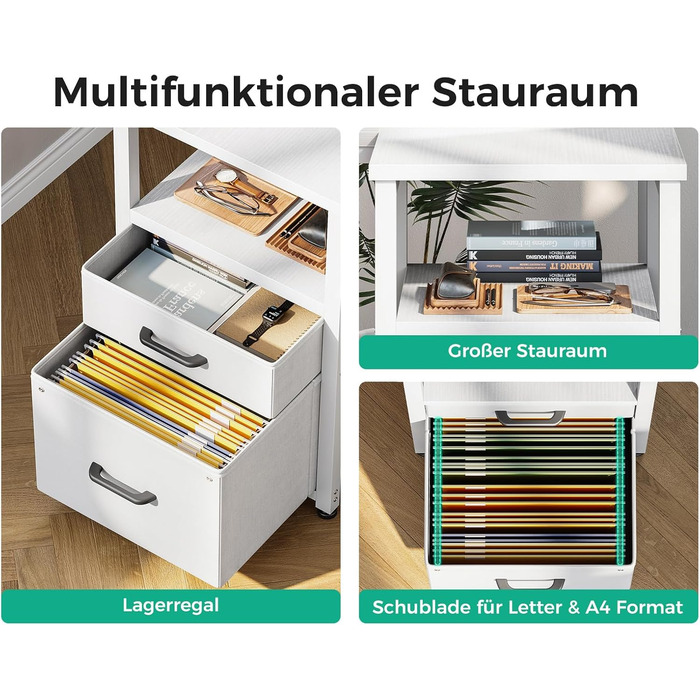 Письмовий стіл Coleshome з тканинними шухлядами, 140x80 см, двосторонній L-подібний стіл з шухлядою для документів, кутовий стіл з портом зарядки USB та розеткою, столи для домашнього офісу, білий 140x80 см