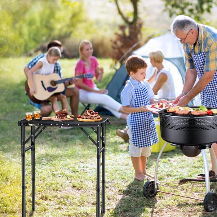 Стіл для кемпінгу Anbte, розкладний стіл з 3 регульованими висотами, стіл для гриля з алюмінію, 60*40 см, стіл-валіза з металевою сітчастою стільницею, легкий та портативний, садовий стіл, пивний стіл для пікніків на пляжі (чорний)