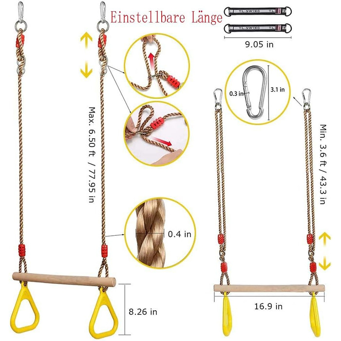 Багатофункціональна дитяча дерев'яна гойдалка-трапеція Morwealth з пластиковими кільцями Кільця для тренажерного залу Кільця для п
