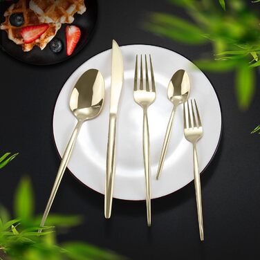 Набір столових приборів на 12 осіб, 60 предметів, колір шампанське золото, ніж з нержавіючої сталі, виделка, ложка, полірований набір столових приборів з високим глянцем, блискучі столові прибори, можна мити в посудомийній машині, колір шампанське на 60 п