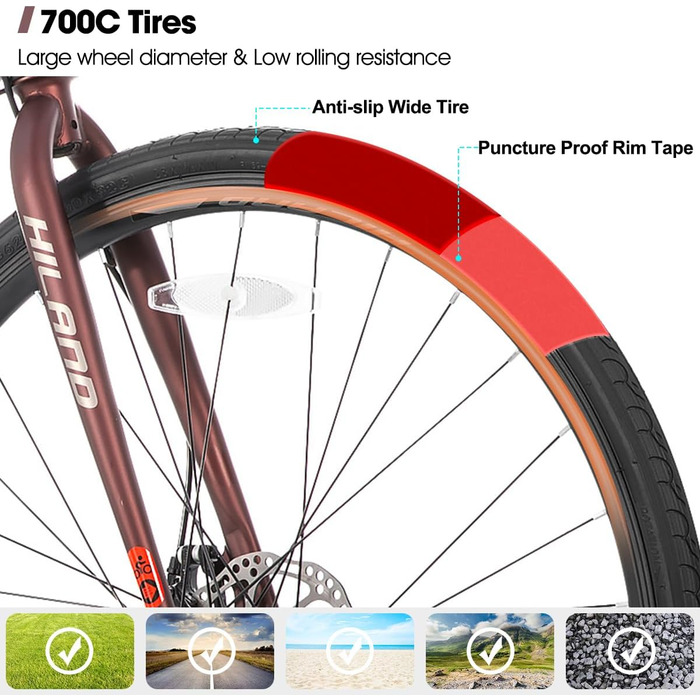 Шосейний велосипед Hiland 28 дюймів, 21 передача, міський велосипед для чоловіків з дисковими гальмами, рама 530 мм, комфортний шосейний велосипед, колеса 700C, чорний/червоний/срібний, розмір M