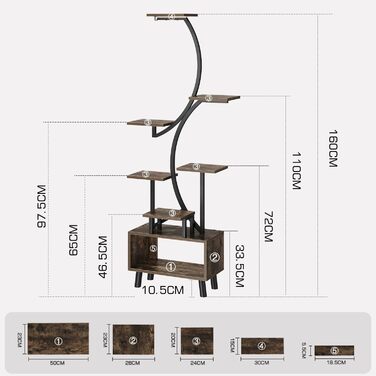 Підставка для рослин з лампою для вирощування, 160 см, підставка для квітів з дерева та металу зі світлодіодною лампою для вирощування, 7-рівнева металева полиця для рослин на ніжках для використання на вулиці та в приміщенні, вітальня, балкон, спальня.